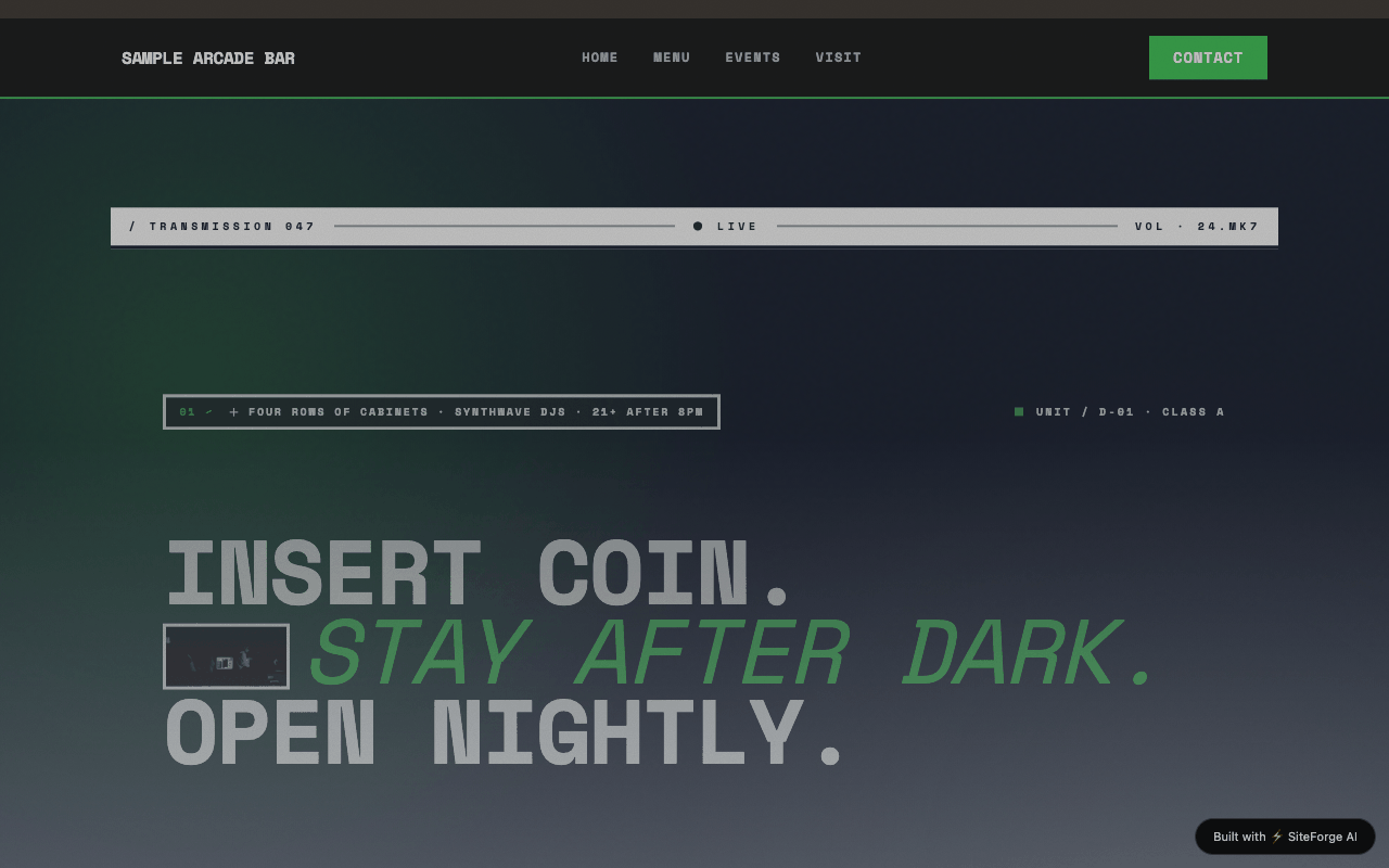 Example arcade bar website generated by LightningWeb — dark neon hero with monospace type