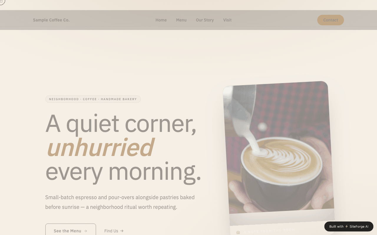 Example coffee shop website generated by LightningWeb — warm cream hero with latte photography