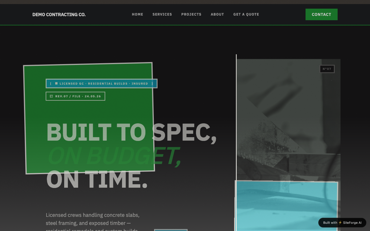 Example contractor website generated by LightningWeb — brutalist hero with bold uppercase type