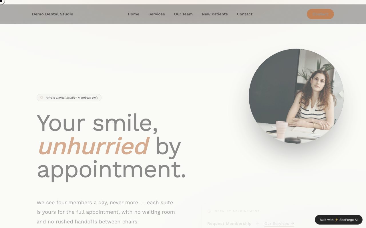 Example dental practice website generated by LightningWeb — editorial hero with portrait photography